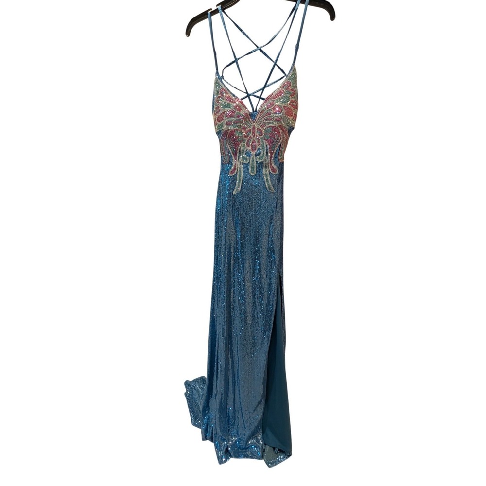 Dear Moon Teal Sequin Butterfly Rhinestone Formal Gown Prom Dress Size 7 Wedding